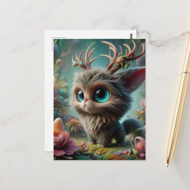 Adorable Fluffy Jackalope Kitten Postcard (Front/Back In Situ)