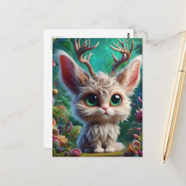 Adorable Fluffy Jackalope Postcard (Front/Back In Situ)