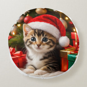Adorable Fluffy Kitten Christmas Ornament Round Cushion