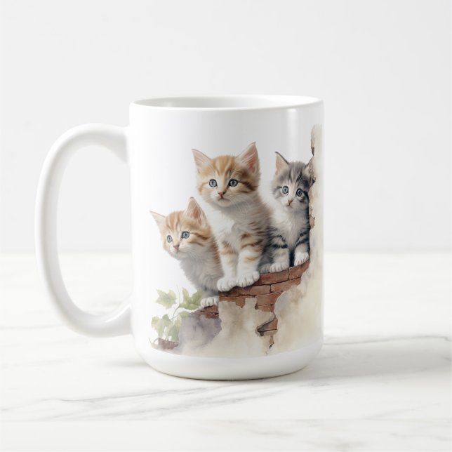 ADORABLE FLUFFY KITTENS ON BRICK WALL COFFEE MUG (Left)