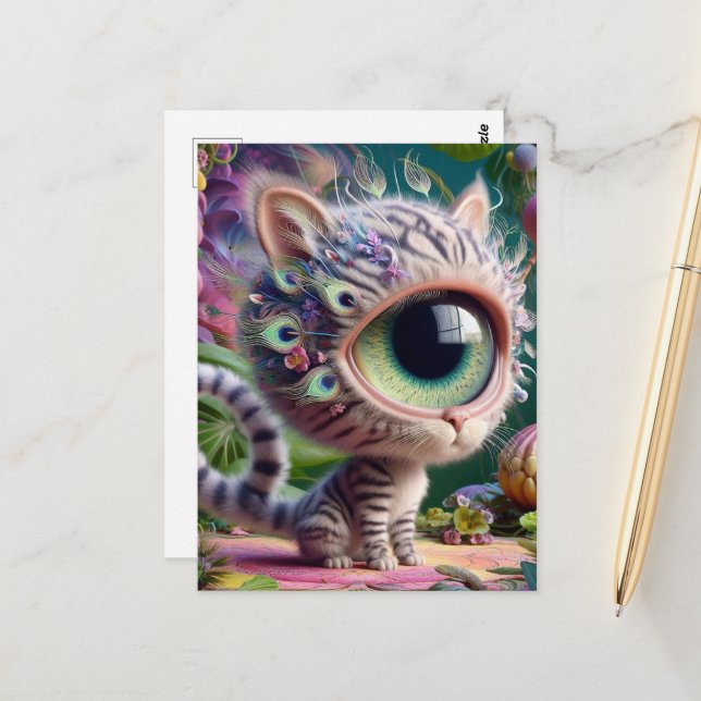 Adorable Fluffy One Eyed Kitten Postcard (Front/Back In Situ)
