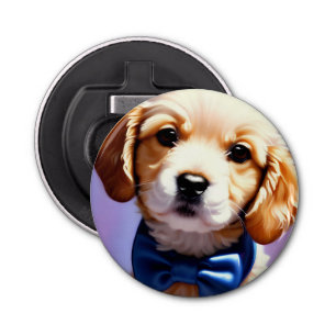 Adorable Fluffy Puppy w Cute Blue Bow Tie Bottle Opener