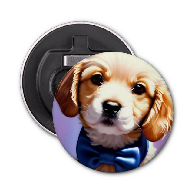 Adorable Fluffy Puppy w Cute Blue Bow Tie  Bottle Opener (Front)
