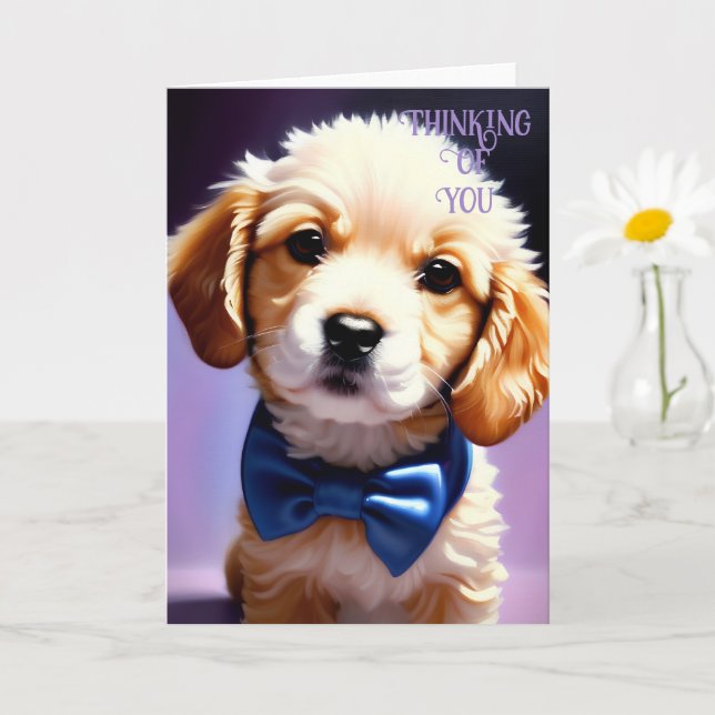Adorable Fluffy Puppy w Cute Blue Bow Tie  Card (Small Plant)