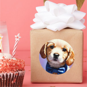 Adorable Fluffy Puppy w Cute Blue Bow Tie  Classic Round Sticker