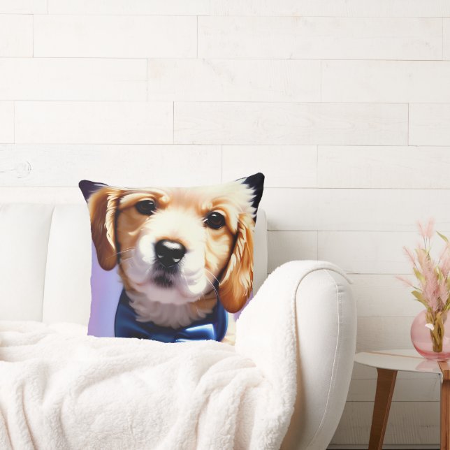 Adorable Fluffy Puppy w Cute Blue Bow Tie  Cushion (Couch)