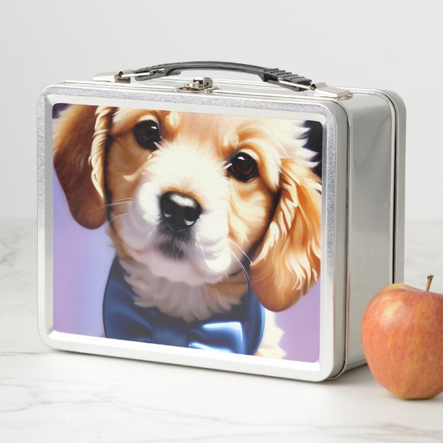 Adorable Fluffy Puppy w Cute Blue Bow Tie  Metal Lunch Box (In Situ)