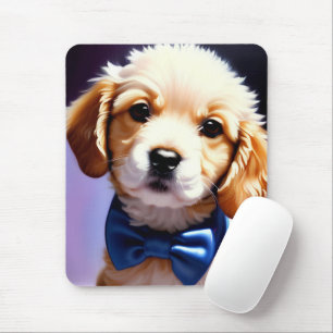 Adorable Fluffy Puppy w Cute Blue Bow Tie  Mouse Mat