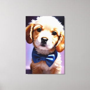 Adorable Fluffy Puppy w Cute Blue Bow Tie Portrait Canvas Print