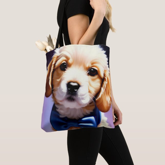 Adorable Fluffy Puppy w Cute Blue Bow Tie Portrait Tote Bag (Close Up)