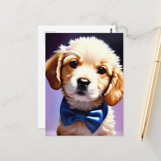 Adorable Fluffy Puppy w Cute Blue Bow Tie  Postcard (Front/Back In Situ)
