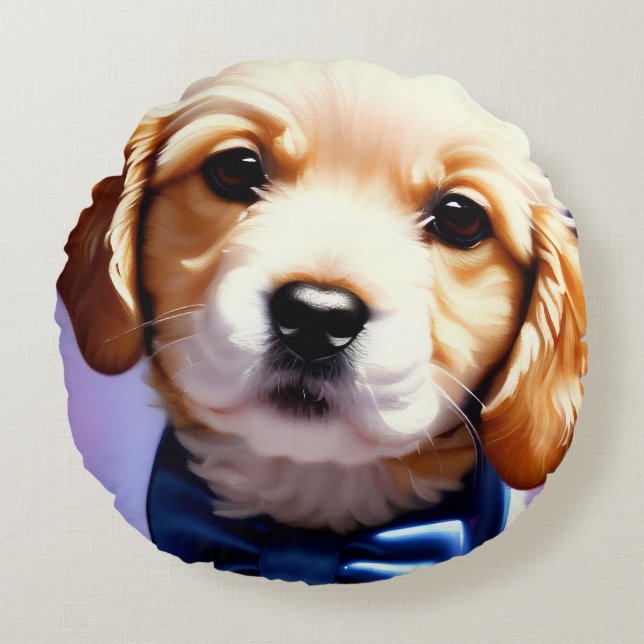 Adorable Fluffy Puppy w Cute Blue Bow Tie  Round Cushion (Front)