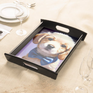 Adorable Fluffy Puppy w Cute Blue Bow Tie  Serving Tray
