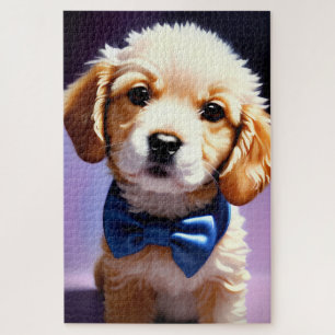 Adorable Fluffy Puppy w Cute Blue Bowtie Portrait Jigsaw Puzzle