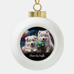 Adorable Fluffy Samoyed Puppies, Peace on Earth Ceramic Ball Christmas Ornament