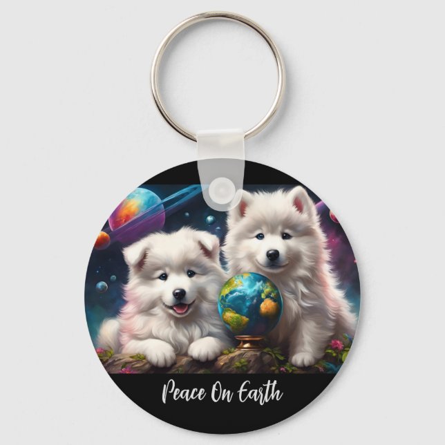 Adorable Fluffy Samoyed Puppies, Peace on Earth Key Ring (Front)