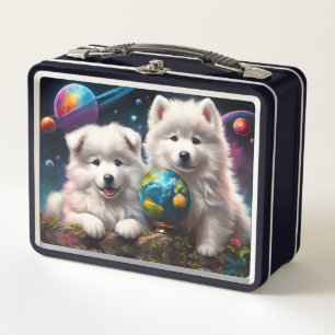 Adorable Fluffy Samoyed Puppies, Planets Earth Metal Lunch Box
