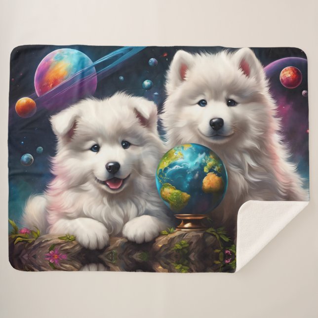 Adorable Fluffy Samoyed Puppies, Planets Earth Sherpa Blanket (Front (Horizontal))