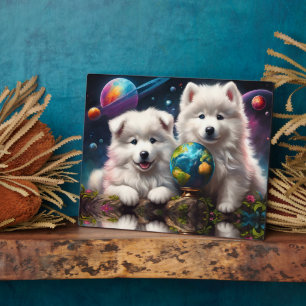 Adorable Fluffy Samoyed Puppies, Space Earth Globe Plaque
