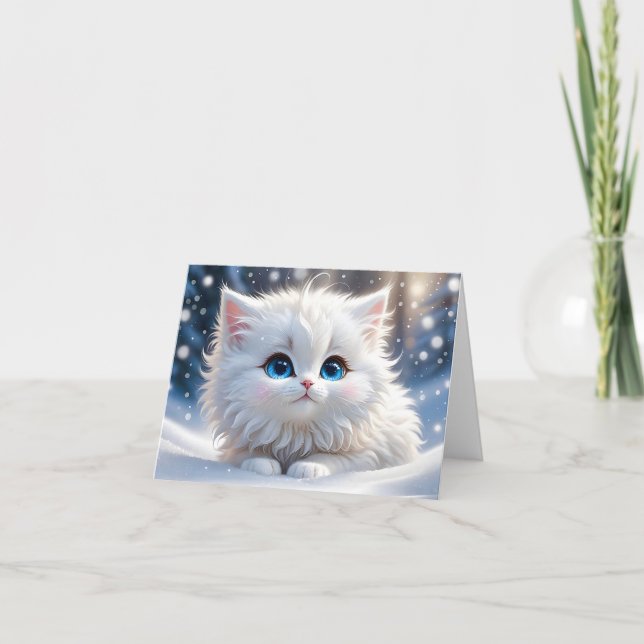 Adorable Fluffy White Cat Blue Eyes Blank Greeting Card (Front)