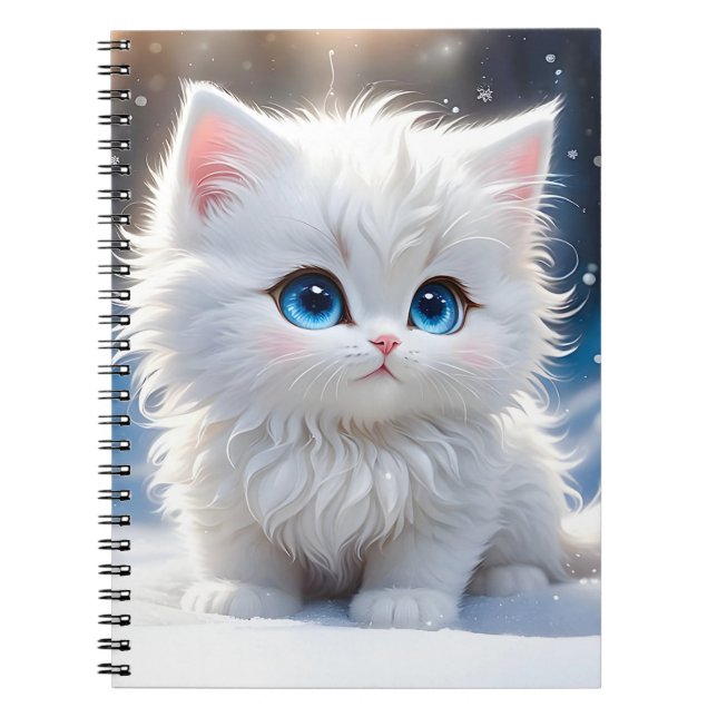 Adorable Fluffy White Cat Blue Eyes Pink Cheeks  Notebook (Front)