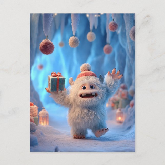 Adorable Fluffy Yeti Creature Celebrating Postcard (Front)