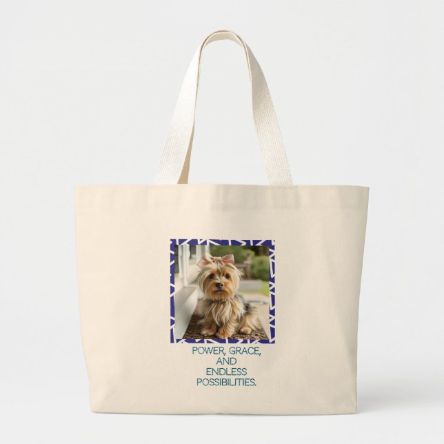 "Adorable Fluffy Yorkshire Terrier on the Porch Large Tote Bag (Front)