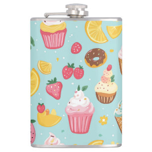 Adorable Food Items Illustration Pattern Hip Flask