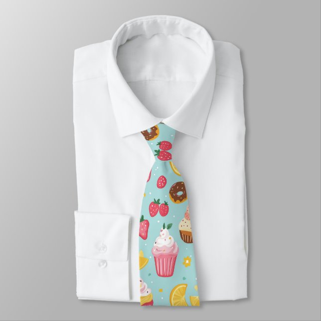 Adorable Food Items Illustration Pattern Tie (Tied)