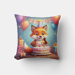 Adorable Fox Celebrating a Cheerful Birthday Cushion
