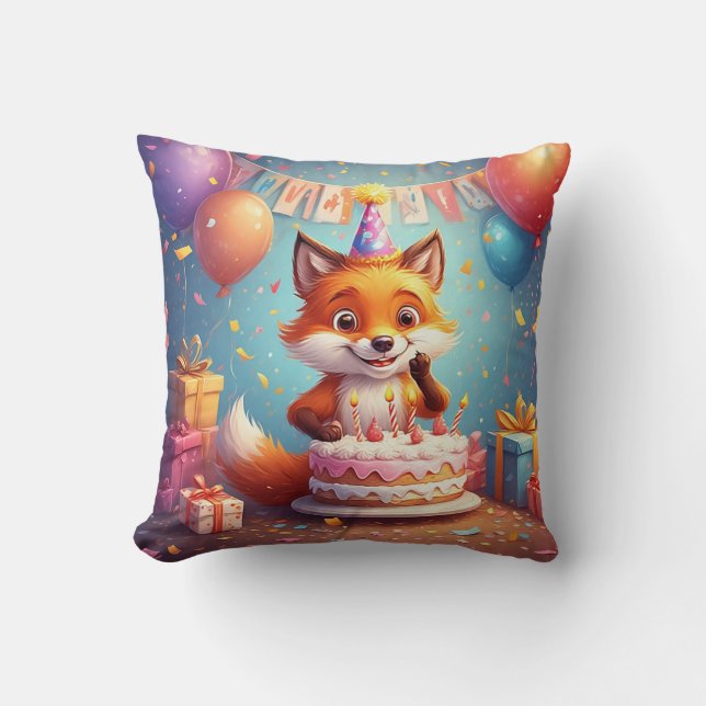 Adorable Fox Celebrating a Cheerful Birthday Cushion (Front)