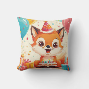 Adorable Fox Celebrating a Cheerful Birthday Cushion