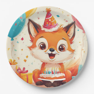 Adorable Fox Celebrating a Cheerful Birthday Paper Plate