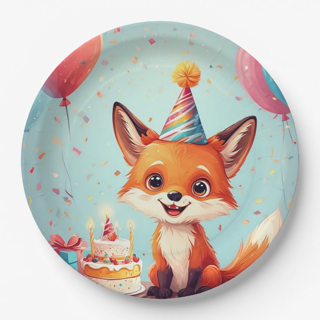 Adorable Fox Celebrating a Cheerful Birthday Paper Plate (Front)