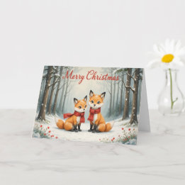 Adorable Fox Christmas Snowy Woods and Red Scarf Card