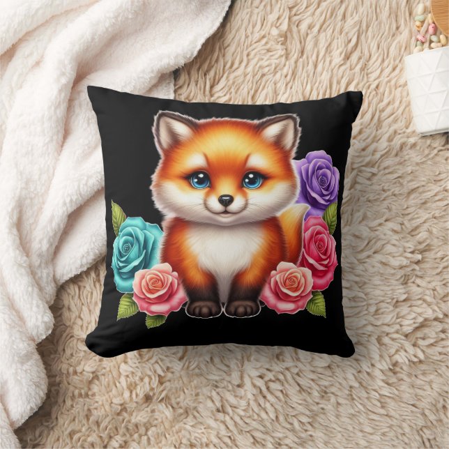 Adorable Fox Cub with Colourful Roses Cushion (Blanket)