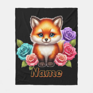 Adorable Fox Cub with Colourful Roses Fleece Blanket
