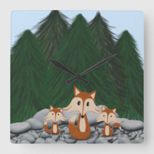 Adorable Fox Family Square Wall Clock