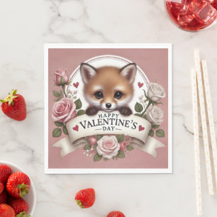 Adorable Fox Illustration with Roses Napkin