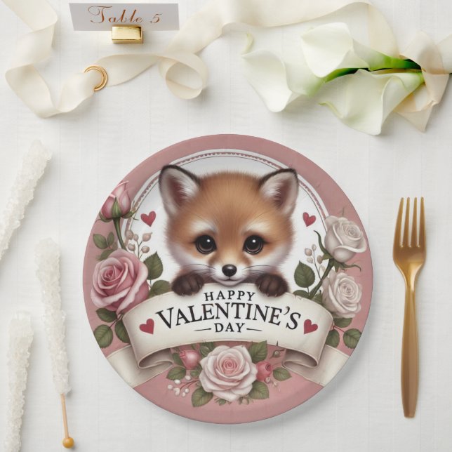 Adorable Fox Illustration with Roses Paper Plate (Wedding)