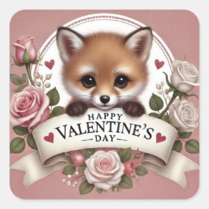 Adorable Fox Illustration with Roses Square Sticker