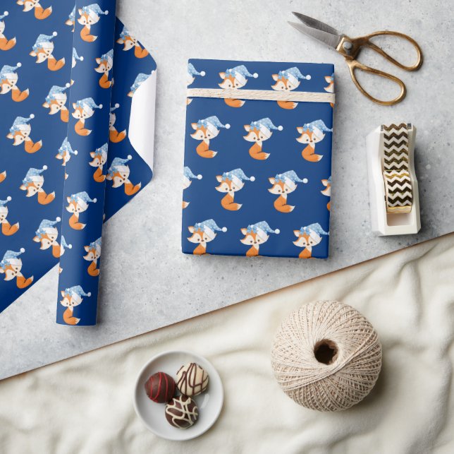 Adorable Fox in Blue Santa Hat Kids Christmas Wrapping Paper (Crafts)