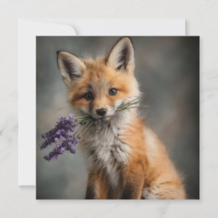 Adorable Fox Kit Holding Lavender Flowers Holiday Card