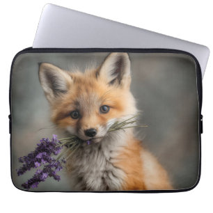 Adorable Fox Kit Holding Lavender Flowers Laptop Sleeve