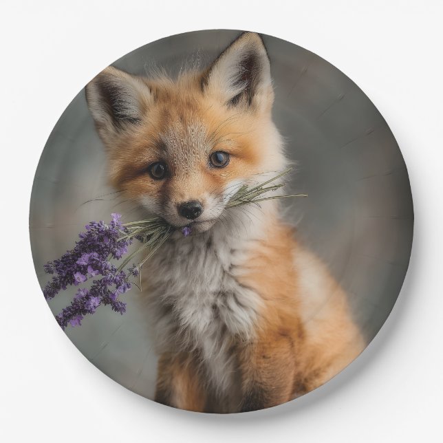 Adorable Fox Kit Holding Lavender Flowers Paper Plate (Front)