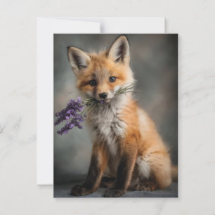 Adorable Fox Kit Holding Lavender Flowers Postcard