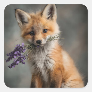 Adorable Fox Kit Holding Lavender Flowers Square Sticker