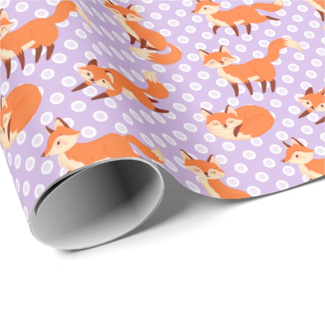 Adorable Fox Pattern with Purple Polka Dots Wrapping Paper (Roll Corner)