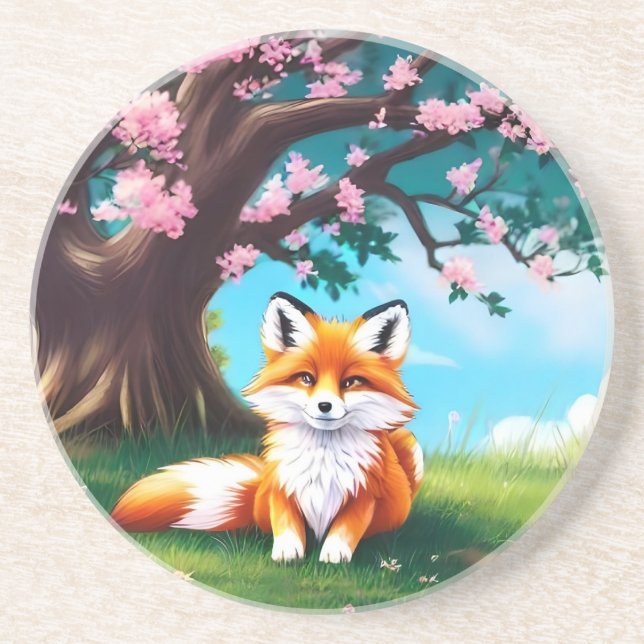 Adorable Fox Sitting Under Tree-68563 Coaster (Front)