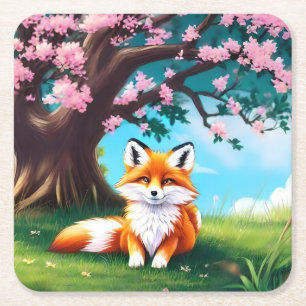 Adorable Fox Sitting Under Tree-68563 Square Paper Coaster